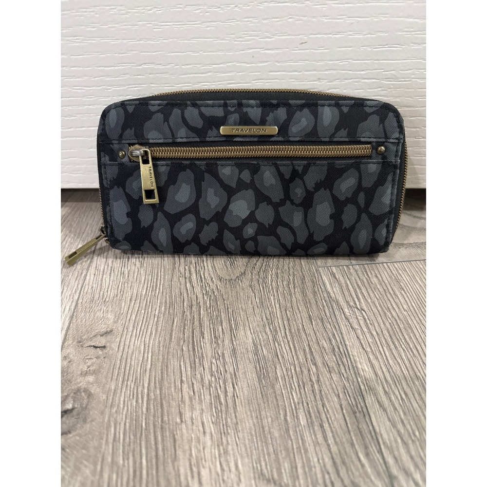 Travelon RFID Blocking Zip Around Wallet Gray Leopard Print Canvas Teal Interior